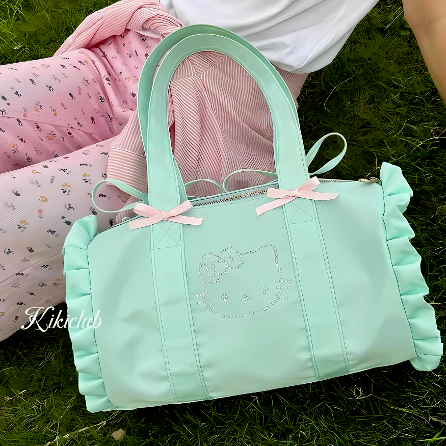 Hello Kitty Satin Frill Barrel Bag Large Mint Green Rhinestone