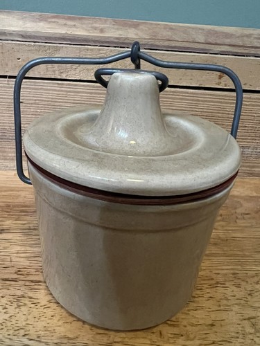 Vintage beige glasiert Käse & Butter Topf Glas mit Verschluss Draht Bügel Deckel 5"