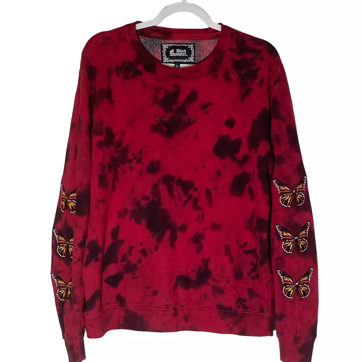 Blind Rooster L Red Black Tie Dye Sweatshirt Embroidered Butterflies On Sleeves