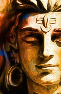 Picture Asian Golden Bronze Buddha Face with Oriental Lettering Framed Print