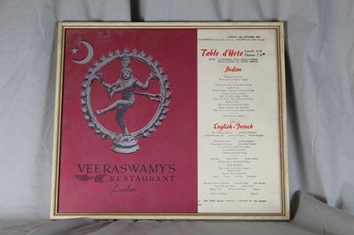 uralte Speisekarte - London 1954 - Veeraswamy´s Restaurant - gerahmt + Glas /195