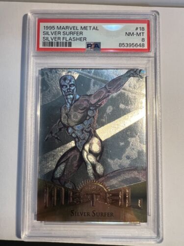 1995 Marvel Metal Silver Flasher Parallel Card Silver Surfer #18 Graded PSA 8 - Foto 1 di 2