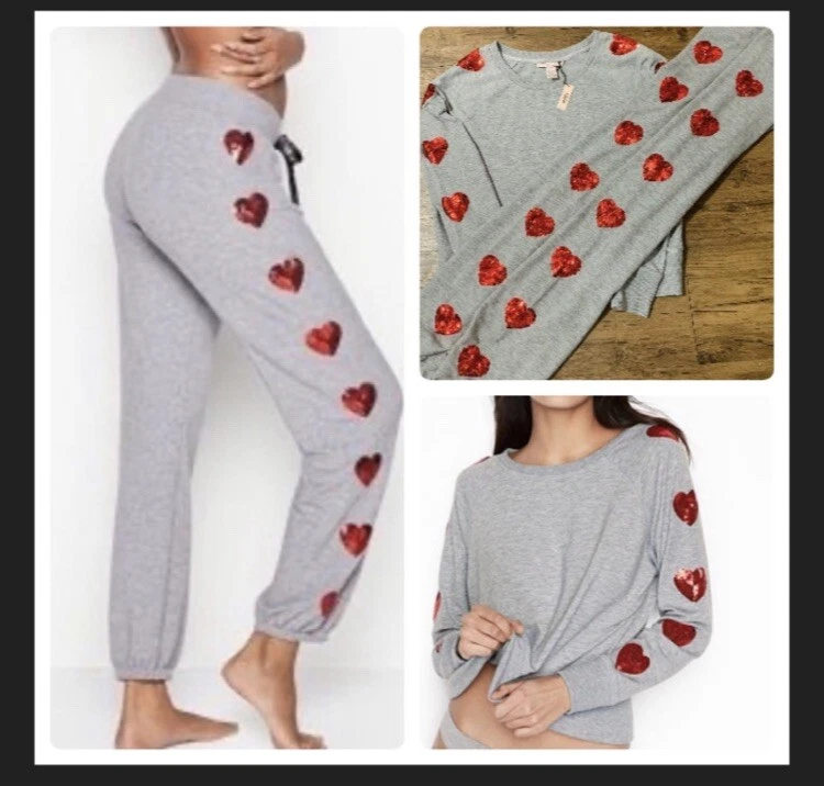 Victoria's Secret Red Heart bling sweater/ Sequins joggers outfit