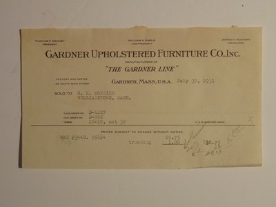 1931 Vintage Bill Of Lading Invoice Gardner Upholstered Furniture