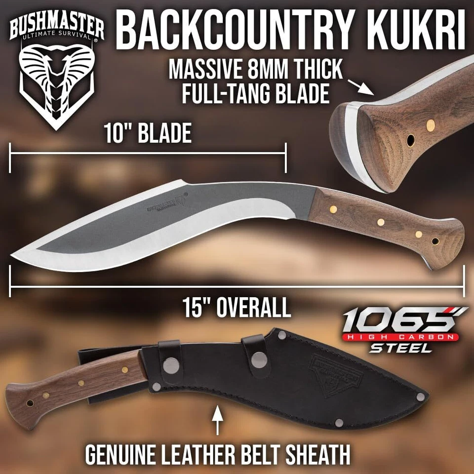 Cuchillo y funda Backcountry Kukri | Hoja de acero de alto carbono 1065 | Longitud 15" Foto 2 de 4