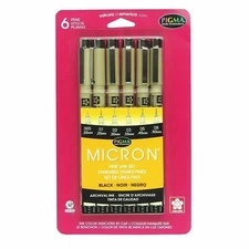 30062 Sakura Pigma Micron Fine Line Marker Pen Set, Black Ink, Set of 6 Pens