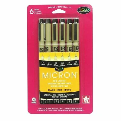 30062 Sakura Pigma Micron Fine Line Marker Pen Set, Black Ink, Set of 6 Pens