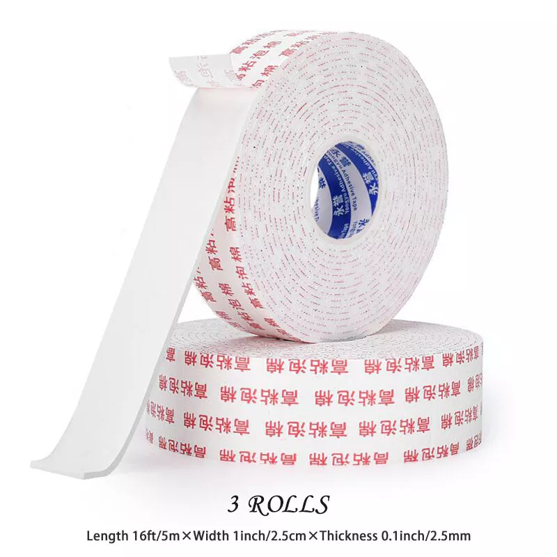 3 Rolls Double Sided PE Foam Tape Outdoor Indoor Strong Adhesive