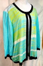Htf Misook 3x Open Front Graphic Print Knit Jacket Cardigan Yellow White Aqua