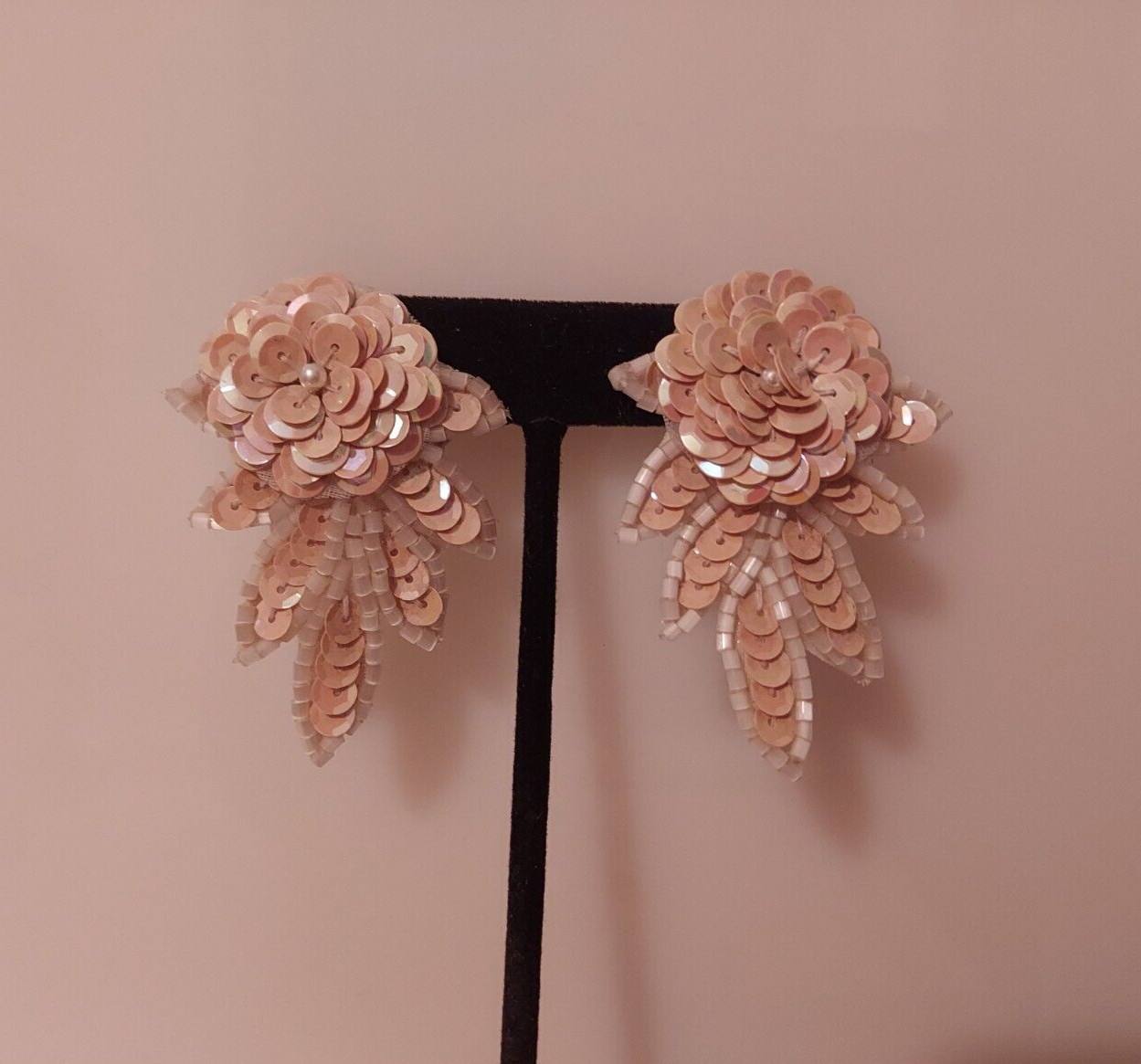 cream sequin posts earrings statement flower leaf… - image 1