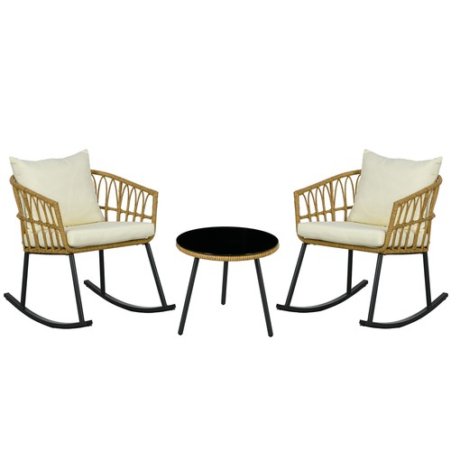 3 Piece Bistro Set W/Cushions, Outdoor PE Rattan Wicker Patio Rocking