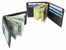Black Genuine Leather Men's Bifold Money Clip Spring loaded Wallet RFID Blocking