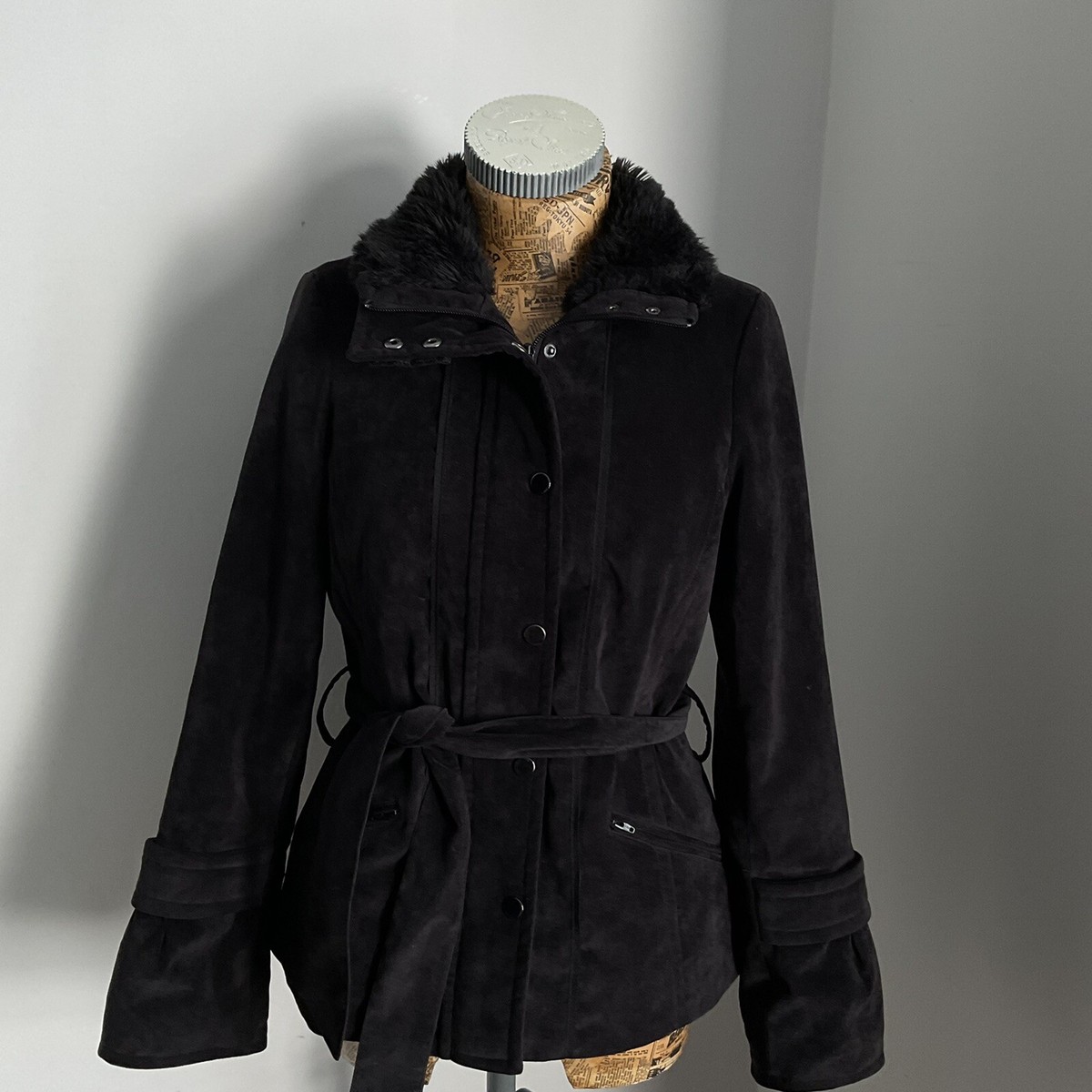 PRINCIPLES COAT Mid Long Suedettte Jacket UK BLACK Faux fur