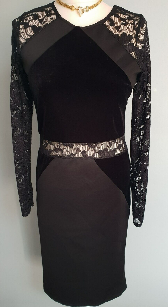 BOOHOO, LITTLE BLACK SHIFT DRESS WITH LACE PANELS, FAUX VELVET, UK SIZE