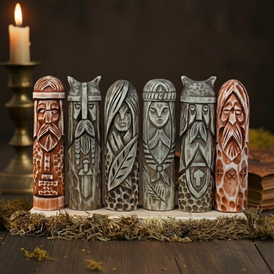 #ad #ad Hand Carved Wooden Norse Viking Figurine Set Altar Odin Thor Loki Freyja Tyr Eir $39.75