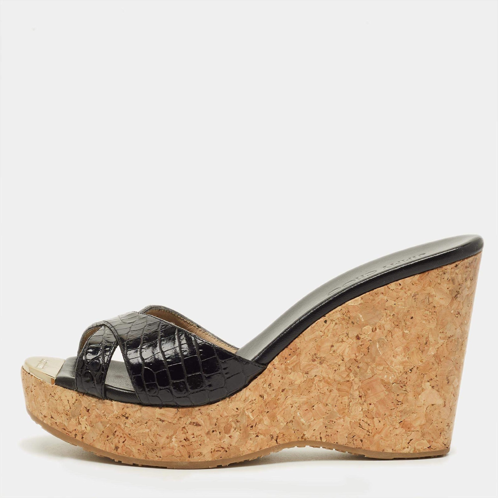 Jimmy Choo Prima Cork Size 40 Black Croc Embossed Leather Wedge Sandals