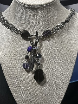 Double Strand Necklace Silver Tone Toggle Crystal Beaded Tassel Gray Purple