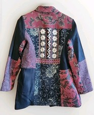 Chico  s Asian Mandarin Floral Cotton Blend Brocade Jacket Blazer Red Black 0