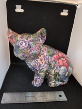 Vintage Floral Ceramic Decoupage Piglet -Rare- Pig Rustic Farmhouse