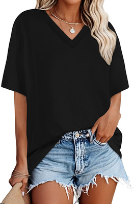 Tshirt Damen Oversize V Ausschnitt Blouse Sommer Basic Kurzarm Casual Lose Tops 