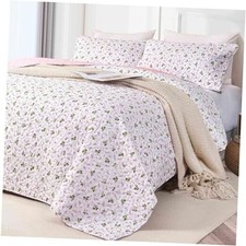 Quilt Set Queen Full Size 3 Pcs, White and Pink Floral Green Flower Pattern