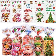 100 Pcs Christmas Cellophane Treat Bags, Xmas Clear Cello Gift Bags Candy Goo...