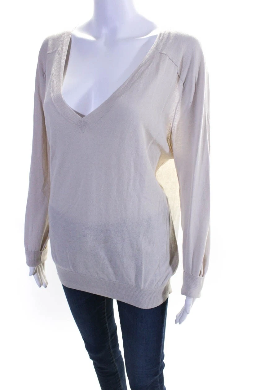 Felpa donna T Alexander Wang manica lunga scollo a V maglia beige cotone grande