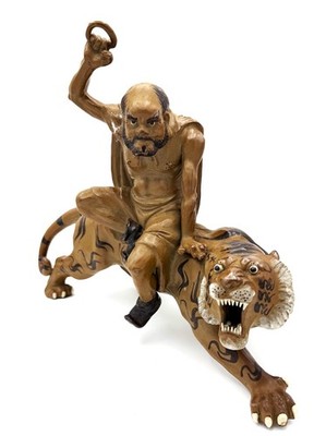 Rare Shiwan Buddhist Sculpture - Pindola (Luohan) Taming the Tiger - Signed 