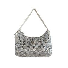 Prada White Satin Re-Edition 2000 Crystals Embellished Shoulder Bag