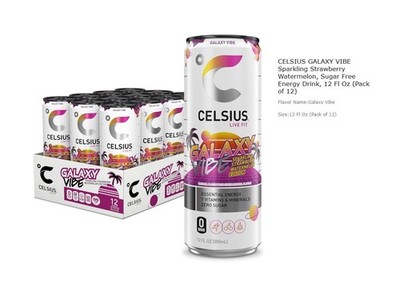 CELSIUS GALAXY VIBE Sparkling Strawberry Watermelon, Sugar Free Energy Drink, 12
