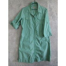 Green White Stripe Button Front Shirt Dress Roll Tab Sleeves Pockets