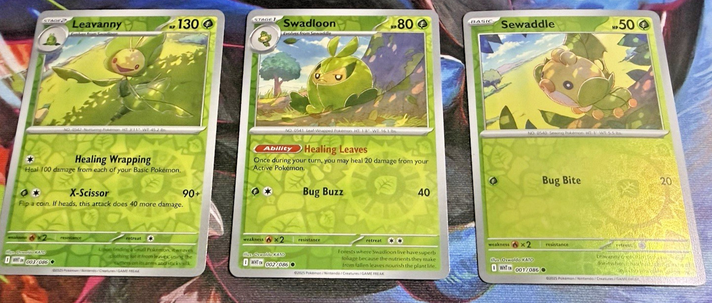 Pokémon Sewaddle + Swadloon +Leavanny REVERSE HOLO Lot of 3- WHITE FLARE - NM