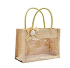 Jute Gift Bag with Clear Window Panel, Gold Braided Handles (Pack of 6)