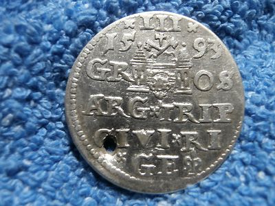 POLAND (RYSKIE): SCARCE SILVER 3 GROSZY 1593 VERY FINE WITH HOLE! (KOPICKI 1415)