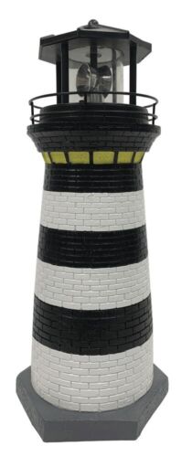 14" Resin Black White Solar Powered LED Lighthouse Lawn Statue Garden Decor - Picture 2 of 7
