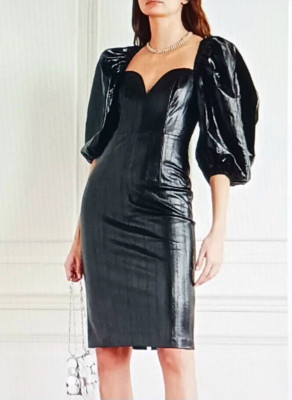 NEW Rotate Birger Christensen Irina Faux Blk Patent Leather Puff Sleeve US 2