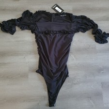 NWT PrettyLittleThing Black Mesh Frill Bardor BodySuit Women Sz 6