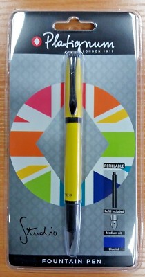 1x NEU PLATIGNUM STUDIO GELB MEDIUM FEDER FÜLLFEDERHALTER + 1 BLAUE & SCHWARZE MINE
