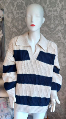 PRIMARK Navy/Cream Stripe Chunky Knit Collared Jumper [14/16]