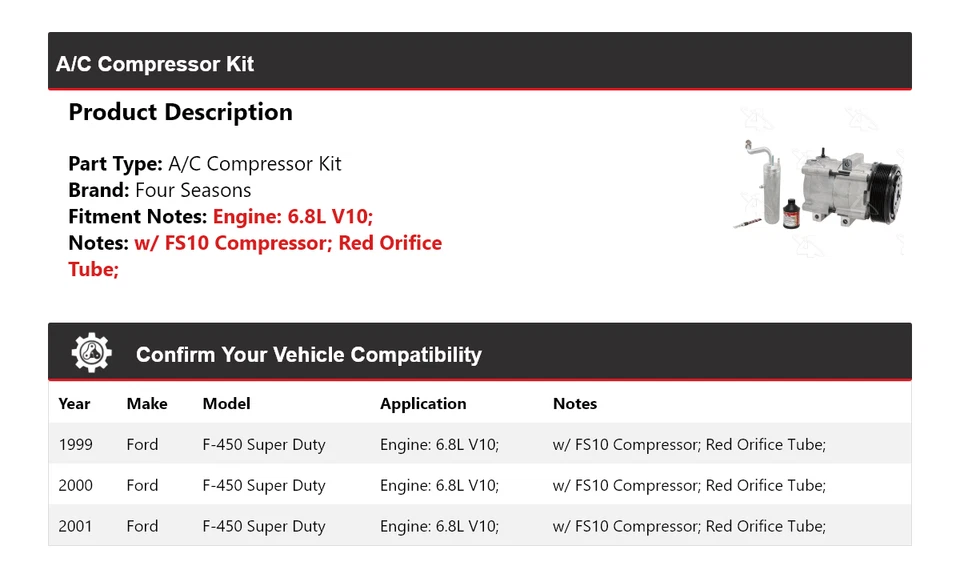 Kit de compresor de aire acondicionado V10 6,8 L para Ford F-450 Super Duty 1999-2001 4 estaciones 2000 Foto 2 de 4