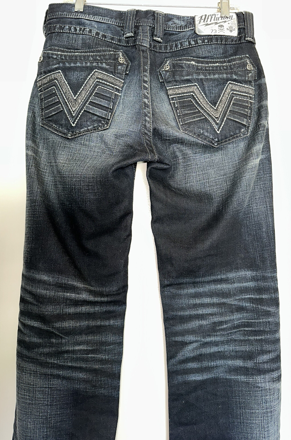 Affliction Jeans Ace Embroidered V Pocket Logo Distressed Denim