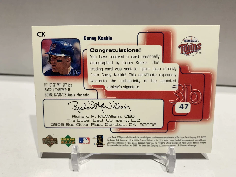 1999 年 SP 签名版亲笔签名科里·科斯基明尼苏达双城三垒手 — 第 2/2 张图片
