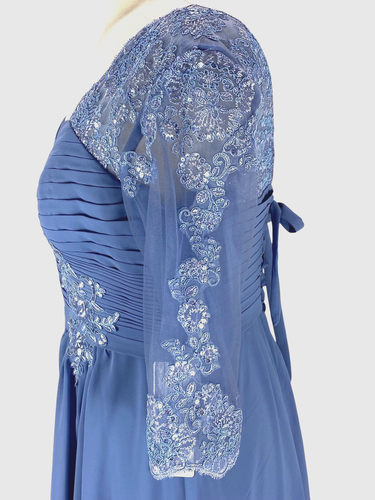 Loveloy Mother of the Bride Dress Lace-Up Blue Applique 3/4 Sleeve - Picture 4 of 20