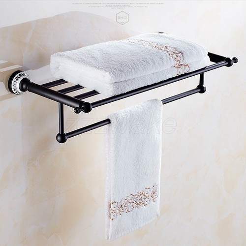 Black Brass Wall Mount Bathroom Bath Shelf Towel Rack Holder With Towel Bar - Picture 6 of 7