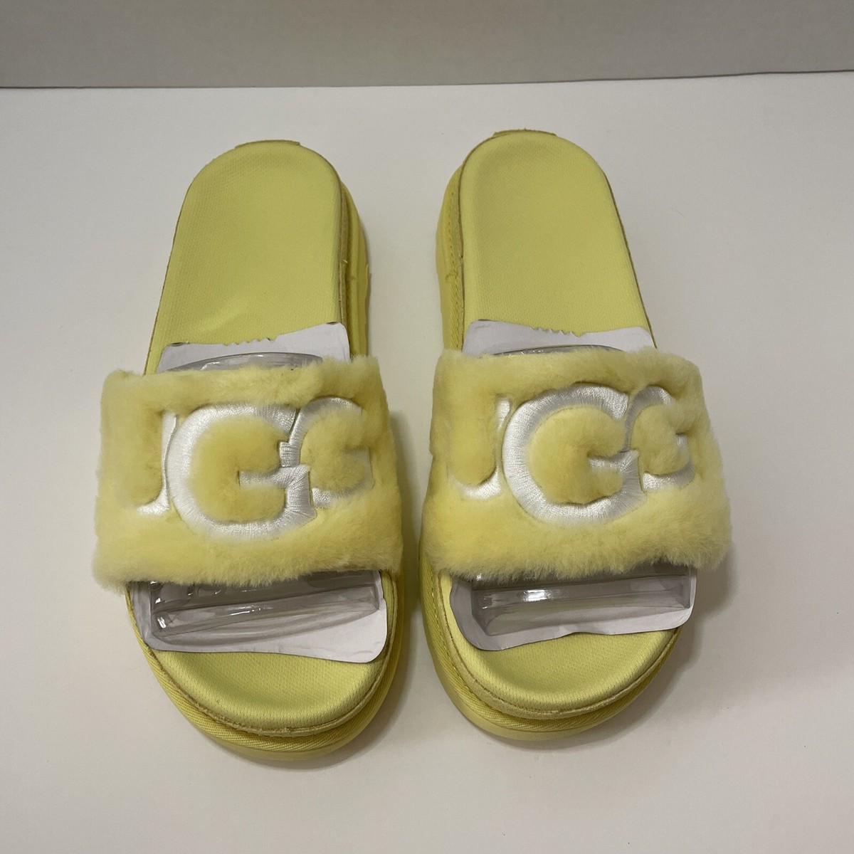 NIB Ugg Australia Laton Fur Slides Yellow Platform Sandals Sz
