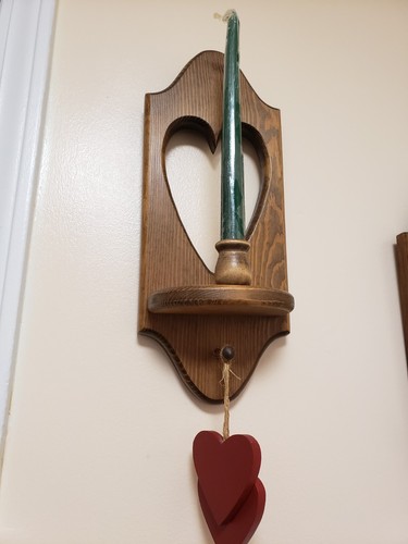 Pair of Vintage WOODEN HEART SCONCES Candle Wall Hangings 15" W/2 Hanging Hearts - Picture 13 of 21