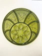 VTG Indiana Glass Green Platter Deviled Egg Tray Tree Of Life Charcuterie.
