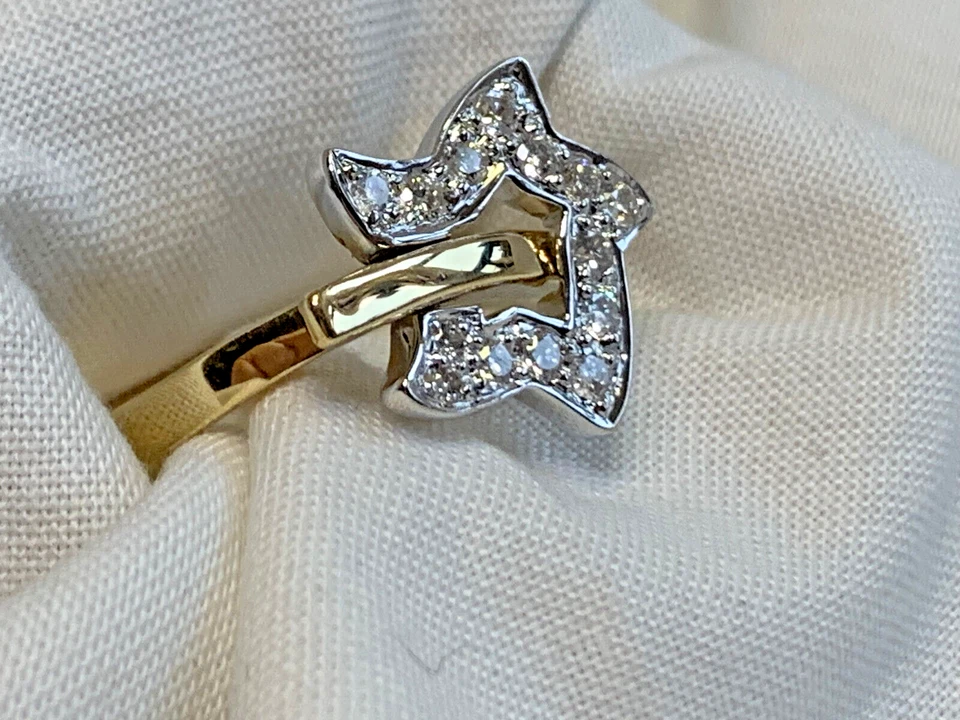 Anillo estrella oro blanco y amarillo 14K 4,17 g joyería fina tamaño 7,25 banda piedras transparentes Foto 2 de 4