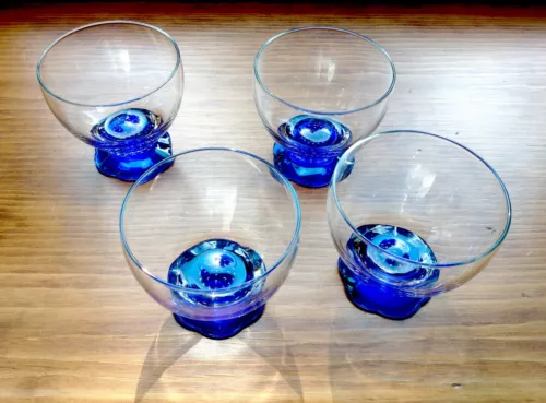 Set of 4 Vintage Cobalt Blue Base 'Controlled Bubbles' Dessert Bowls, 12 oz  