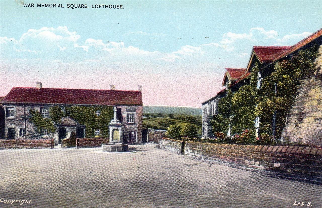 Lofthouse War Memorial Square near Pateley Bridge, historic public square featured on a vintage postcard